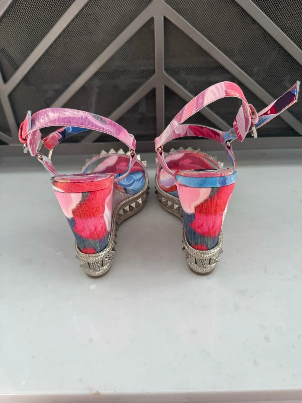 Christian Louboutin Pink Floral Metallic Stud Wedge Sandals - Never worn before